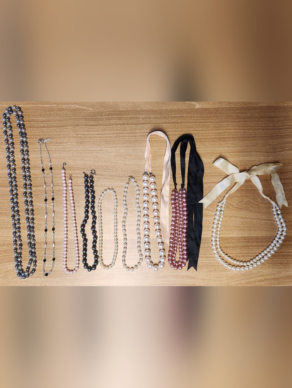 9 Pearl Multi-Strand Necklace Some with Ribbon Tie - Pink